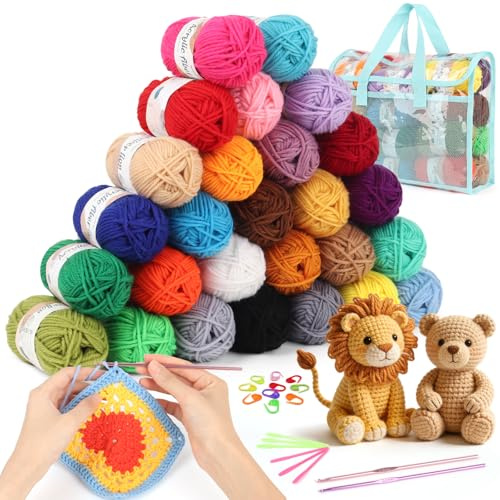 Coopay Crochet Yarn Kit, 27x25g Multicoloured Acrylic Yarn Knitting Wool for Crochet, Crochet Kits for Beginners with Aluminum Hooks Stitch Markers Bag, Beginner Crochet Yarn for Crafts or Amigurumi