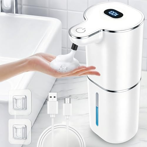 Kefflum Dispensador de Jabón Automático, Dispensador de Espuma Eléctrico con Pantalla Digital, 6 Niveles Ajustables, Recargable por USB, Pared y Sobremesa, para Baño y Cocina (380ml, Blanco)