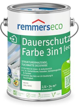 Remmers Dauerschutz-Farbe 3in1 [eco] weiß (RAL 9016), 2,5 Liter,für innen und außen, 3in1: Isoliergrund, Zwischen- und Schlussbeschichtung