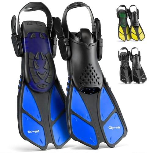 Glymnis Schnorchelflossen Verstellbare Flossen Schwimmflossen für Erwachsene und Kinder Kurze Tauchflossen zum Tauchen Schwimmen Schnorcheln (Schwarz/Blau, ML/XL)