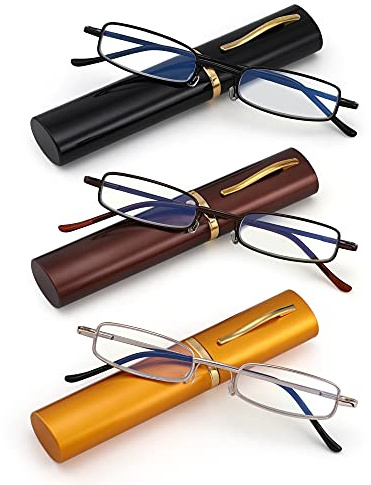 SOPHILY 3 Pack Slim Pocket Reading Glasses for Men Women Blue Light Blocking Compact Readers Spring Hinge Metal Frame, Yellow Black Grey Eyeglasses with Portable Pen Clip Tube Case, 2.50