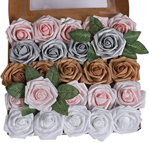 Ancokig Konstgjorda 25 stycken rosor, blommor, skumrosor, skumrosor, konstgjorda blommor, roshuvuden, konstgjord ros, för bröllop, buketter, brud, heminredning, fem färger + puder, 25 stycken)