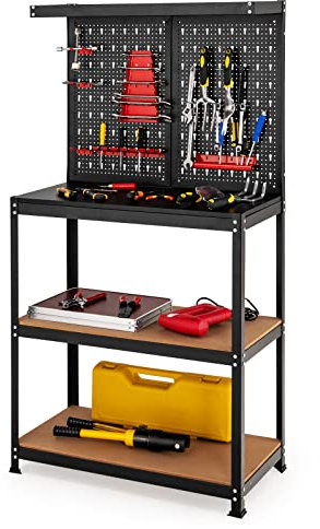 COSTWAY Établi Atelier Garage à 3 Étagères Cadre en Acier avec 2 Panneaux Perforés et 13 Accessoires Crochets pour Garage, Maison, Atelier, Entrepôt, 81 x 41 x 155 cm