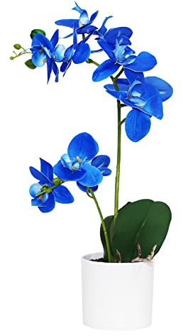 Omygarden Blue Orchid Artificial Flowers in Pot, Fake Potted Orchid Flowers, Decoration for Home Office Wedding