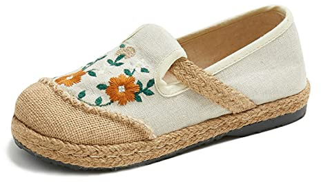 Dajingkj Espadrilles pour femme Chaussures brodées pour la maison Slip on Plat Mocassins jeunes filles Rétro Casual Chaussures en lin, beige, 38 EU