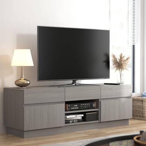 Galano Anderson TV Stand – 140cm Entertainment Unit for up to 60 TV, 2-Door Cabinet with Large Storage, Cool Grey Oak