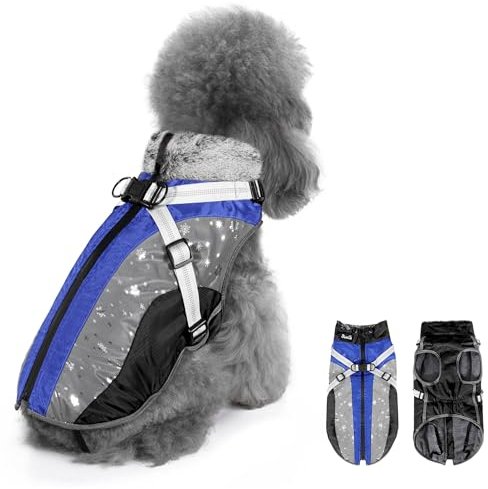 Eyein Hundemantel Winter, Wasserdichter Fleece Hundemantel mit Geschirr für kleine, mittlere und große Hunde, reflektierende verstellbare Welpenweste für Spaziergänge im Freien (Blau, S)
