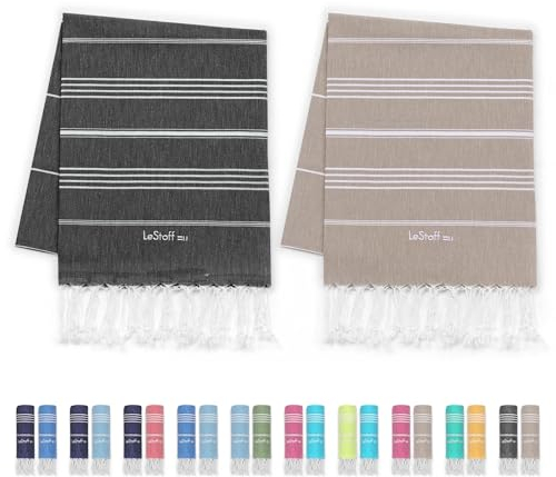 LeStoff 2er-Set Hamamtuch 95 x 180 cm - 100% Bio-Baumwolle, Vorgewaschen, Nachhaltig, Saugstark & Schnelltrocknend, Reisehandtuch, Campinghandtuch, Badetuch, Saunatuch, Strandtuch (Anthracite + Beige)