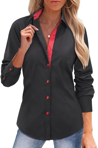siliteelon Button Down Shirts for Women Dress Shirts Cotton Long Sleeve Shirt for Women Wrinkle Free Stretch Work Blouse Black Red