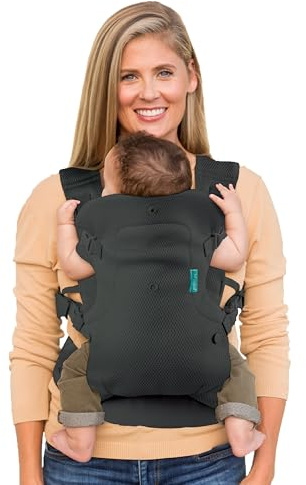 Infantino Flip 4-in-1 Light & Airy Babytrage – Atmungsaktiv, Lordosenstütze, Verstellbarer Hüftgurt, Kopfstütze, Ergonomischer Sitz, Weiche Riemen für Neugeborene von 3,6-14,5 kg, Dunkelgrau