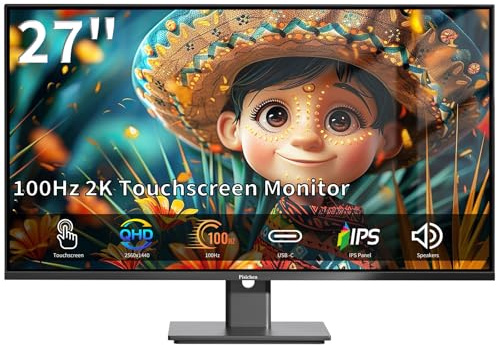 Pisichen écran Tactile 27 Pouces 2K 100Hz Gaming Monitor, QHD 2560 x 1440 IPS 10-Point Multi-écran Tactile d'ordinateur d'affichage, USB-C HDMI VGA Ports, Haut-parleurs intégrés