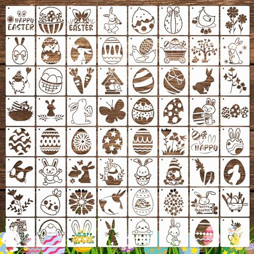 SRIZIAN 64 Stück Ostern Schablonen Set Wiederverwendbare,7.6cm Bastelarbeiten Haseneier Schafschablonen für Kinder Osterparty Home Dekoration Happy Easter