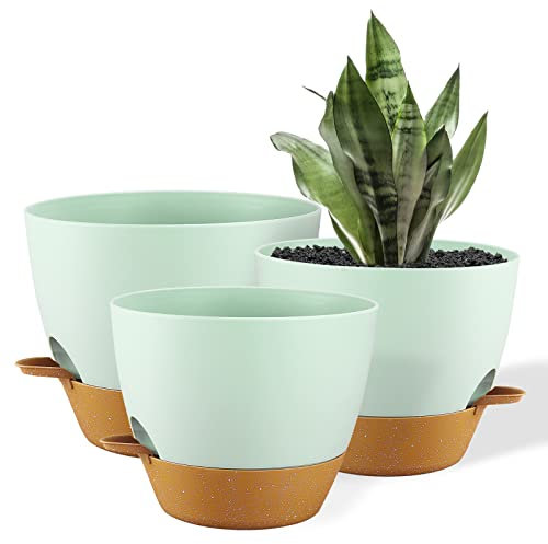 FORAGIFT 25/23/20cm Self-Watering Plant Pots Indoor, 3 Pack Large Plastic Plant Pots with Deep Reservior and High Drainage Holes for Indoor Outdoor Plants and Flowers, Green with Terracotta