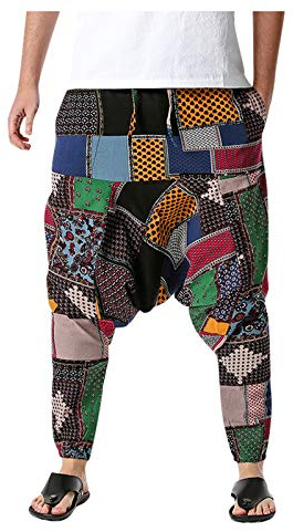 Pantalones harén para hombre de algodón y lino, pantalones de Aladino, diseño de patchwork, entrepierna profunda, retro, pantalones deportivos con bolsillos, hippie, pirata, estilo bohemio, yoga