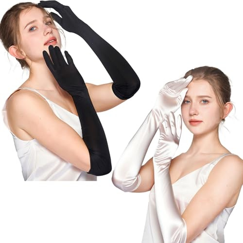 2 Pairs Long Elbow Satin Gloves Fancy Dress Opera Elbow Length Gloves 1920s Style Wedding Evening Party Dance Glove for Wedding Prom Opera Graduation Party (in White and Black)