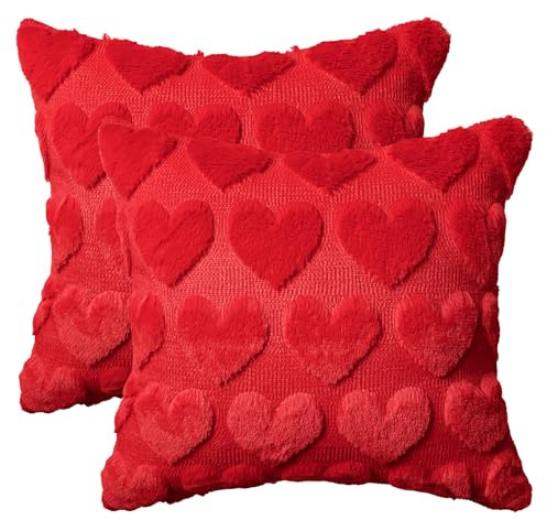 Artoid Mode Juego de 2 fundas de cojín de piel sintética de color rojo y suave, diseño de corazón, 45 x 45 cm, 45 x 45 cm