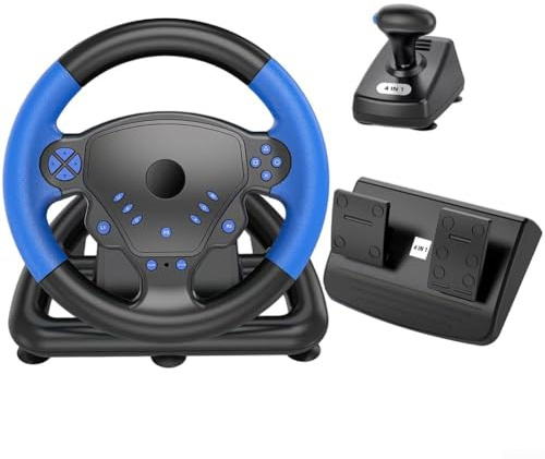 Simulate Racing Game Volante, volante de carreras inalámbrico de 135° para PS4 para PC para PS3 para Android para iOS y para Smart TV con pedal y agarre (azul)