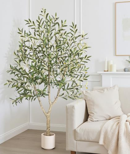 Lopekuty Olivo artificial en maceta de color crema – 180 cm planta artificial oliva como real, olivo artificial, decoración para casa, salón, dormitorio, oficina, jardín