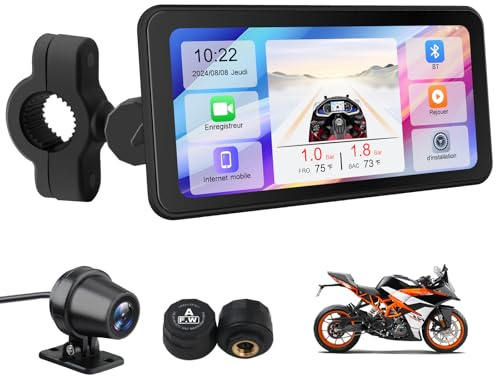 Junsun Motorrad-Navigationssystem mit CarPlay & Android Auto, wasserdichtes IP67 Display, integrierter DVR-Frontkamera, Bluetooth und SD-Kartensteckplatz, mit Rückfahrkamera und Reifendruck