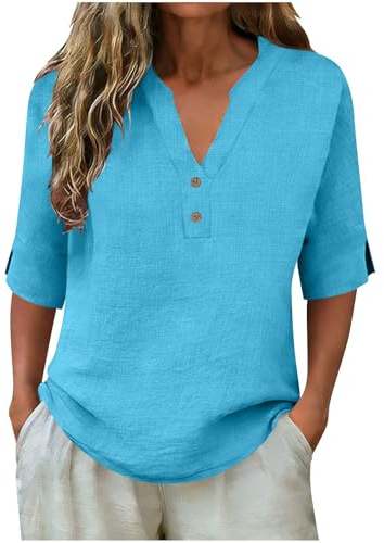 Chemisier Femme Grande Taille Oversize Chemise Coton et Lin Manches 3/4 Tunique Longue Femme Chic et Élégant Blouses Fluide Hauts Boutonné Ete Casual T-Shirt pour Femmes