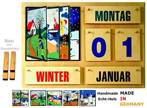 Calendario de mesa y pared, con texto colorido, con ángulo de soporte, cuatro estaciones, calendario de aprendizaje y duración de madera, fabricado en Alemania, para escuela, guardería, residencia de
