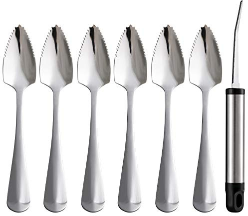 Grapefruit Spoons and Grapefruit Knife, Set of 7 Food Grade Stainless Steel Dessert Spoons Mirror Finish Fruit Knife, Serrated Grapefruit Utensils Tool, Suitable for Citrus Fruits Desserts Salads