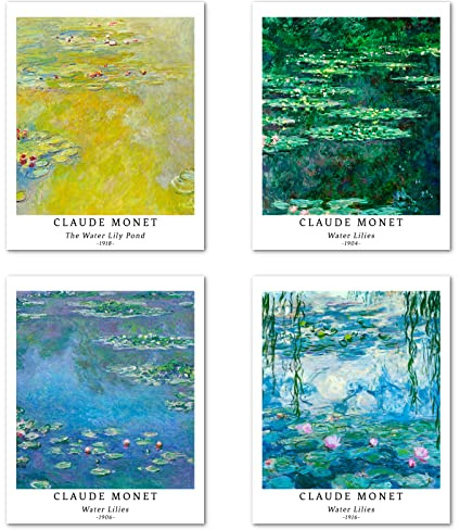 Berkin Arts Stampe da Parete Fiori Senza Cornice, Set di 4 Poster, Carta artistici di alta qualità Taglia: 20X25 cm, Artistica Famoso Dipinto Verde per camera da letto Claude Monet Painting