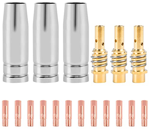 FBBULES 18 Stück Verschleißteile Set Schweißzubehör MIG MAG Kupfer Kontaktspitze Stromdüsen Schweißdüsenzubehör für 15AK Schweißbrenner, 12x Schweißdüsen 0,8mm, 3x Gasdüse, 3x Düsenstöck