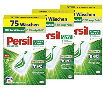 Persil Power Bars Universal Waschmittel (3 x 75 Waschladungen), vordosiertes Vollwaschmittel mit biologisch abbaubarem Schutzfilm, für reine Wäsche & hygienische Frische für die Maschine