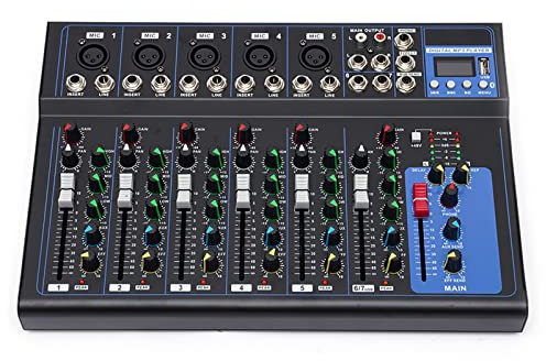 Tragbarer Mischpult Bluetooth mit USB Anschluss DJ Controller Live Studio Audio Mischpult DJ Konsole Verstärke 7-Kanal-Eingang 6 Musikmodi für Aufnahmestudio DJ Mixer Konsole
