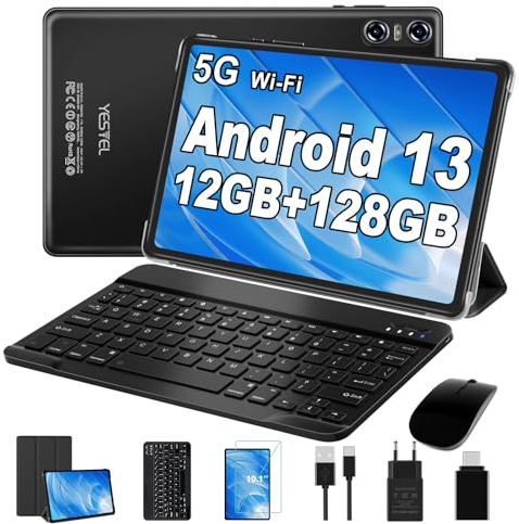 YESTEL Tablet 10 Pollici con 12GB RAM 128GB ROM (TF 1TB), CPU 2.0 GHz,5MP+8MP, HD Android con 5G Wi-Fi, Octa-Core, Bluetooth 5.0, GPS, Tablet con Tastiera e Mouse, Nero nebbia