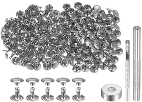 QUARKZMAN 100 Juego Cuero Remache 8 x 9mm de Metal con Doble Tapa Broches de Presión Remaches de Sujeción con 3 Herramientas de Instalación para Cuero Manualidades Tono Plateado