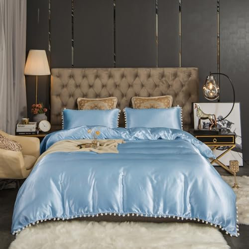 Freyamy Satin Bettwäsche 135x200,Luxus Pom Pom Quaste Glatt Seide Glanzsatin Hellblau Bettwäsche Set,Modern RomantischSommer Bettwäsche Sets 1 Bettbezüge + Kissenbezug 80x80 mit Reißverschlüsse