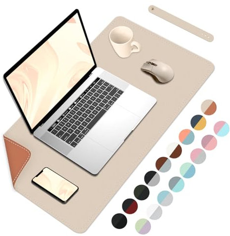 Doppelseitige Schreibtischunterlage Groß - PU Leder, Wasserdicht, Mauspad für Tastatur und Maus - 60cm x 35cm, Beige+Orange