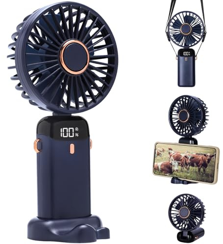 SAUGLAE Ventilatore portatile, ricaricabile tramite USB, con 5 velocità, batteria integrata da 5000 mAh, mini ventilatore pieghevole da scrivania con display a LED, per casa, ufficio, camera da letto,