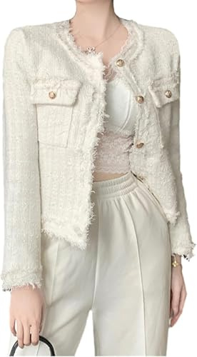 Suncadmious Blazer Scozzese in Tweed da Donna Blazer Aperto Davanti Senza Colletto Elegante Giacca Corta da Lavoro Cappotto (Bianco,L)