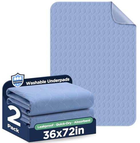 Washable Bed Pads 36 x 72 - 2 Pack, Blue, Waterproof Bed Pads for Incontinence, Bed Wetting Pads for Bed, Sofa, Floor, Resuable Underpads for Adults, Seniors, Pet