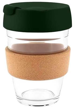 Reusable Glass Coffee Cup/Travel Mug with Lid - Heat Resistant Sleeve Surround Eco Friendly with Plugged Removable Lid (Dark Green Cork)