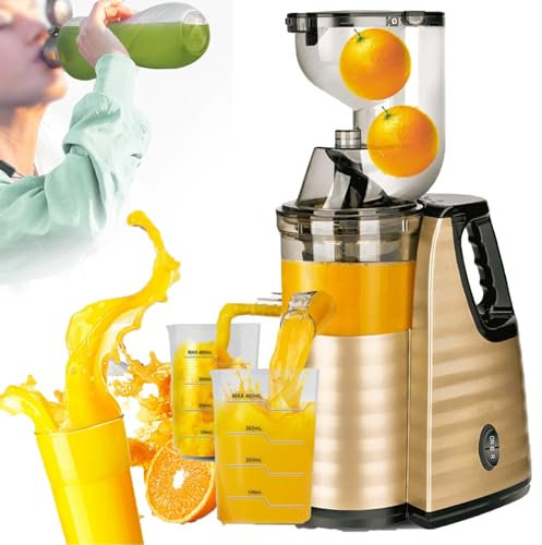 QIeAny Spremiagrumi Domestico A velocità Lenta per La Separazione del Succo, Processore Elettrico per Succhi di Frutta E Verdura Calibro 8CM, Spremiagrumi Centrifugo Fresco 150W + 24×17×43 CM,Gold
