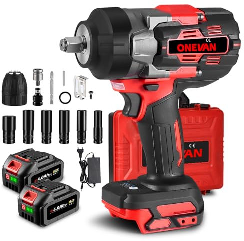 ONEVAN pistola de impacto bateria 1700N.m, 1/2 llave de impacto electrica con 2 baterías de 4000mAh y cargador rápido, sin escobillas (Rojo, Incluye 2 baterías y accesorios)