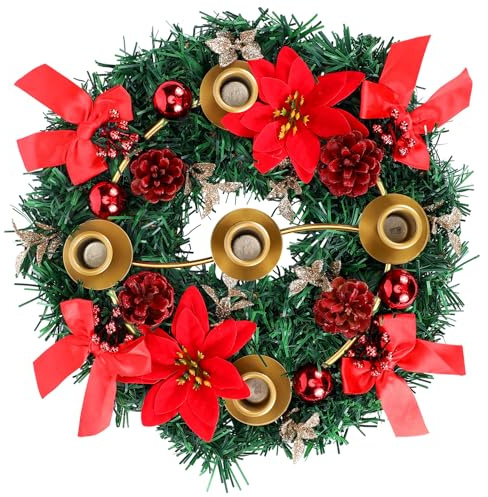 Knitgrip 14 Inch Christmas Advent Wreath 5 Candle Holder Christmas Ribbon Advent Candlestick Table Centerpiece Decor with Gold Metal Ring Cups, Bow, Pine Cones, Flower for Xmas Holiday Church