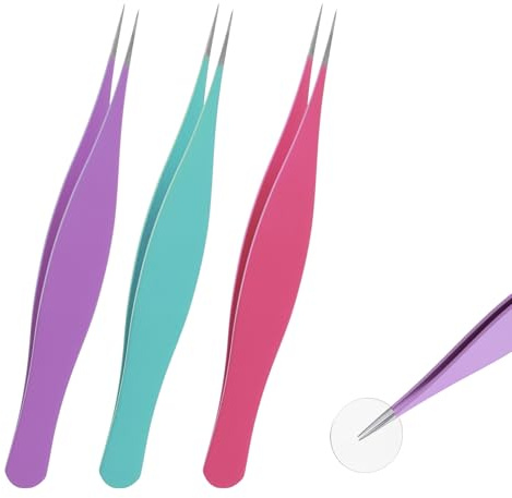 3 Pcs Fine Point Tweezers Set, Stainless Steel Ingrown Hair Tweezers, Precision Tweezer for Women Men, Pointed Tip Needle Nose Tweezer for Facial Hair Blackhead Removal (Blue Purple and Rose Red)