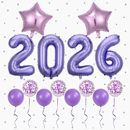 Silvester Deko 2026 Luftballons Set Folienballon Zahlen XXL Party Dekoration Sternballon Latexballon Lila Silvesterparty Raumdeko Ballongirlande Neujahr Feier Zubehör Geburtstag Artikel