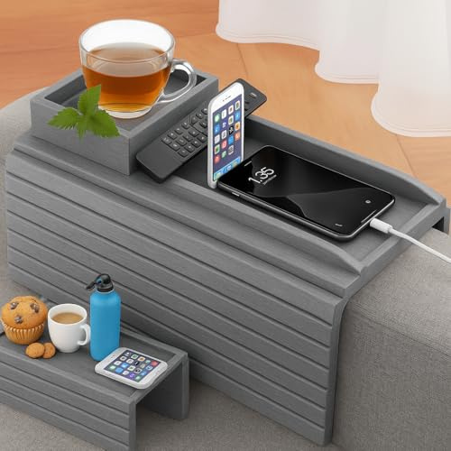 Naturebuz 2-in-1 Wooden Sofa Tray Table with Detachable Tray Bamboo Armrest Table Non-Slip fCups, Remotes, Bottles, Food, Drinks and Phones (Grey)