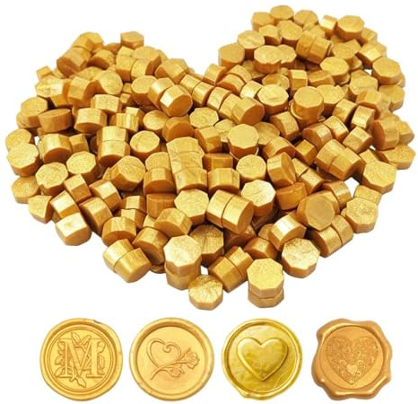 Juguta 100 Perles de Cire à Cacheter, Cire à Cacheter pour Sceau de Cire, Cachet de Cire, Cire à Cacheter Octogonale pour Invitations, Enveloppes,Emballage Cadeau, Cartes, Sceau de Cire Vintage, Or