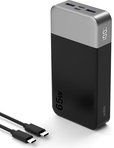 NOBIS 65W Bateria Externa Carga Rapida 20000mah Bateria Portatil con Protocolo PD/QC, Power Bank Que Incorpora 2 USB-C y 2 USB-A, Una Cargador Portatil con Pantalla Digital para Portátiles y Teléfono