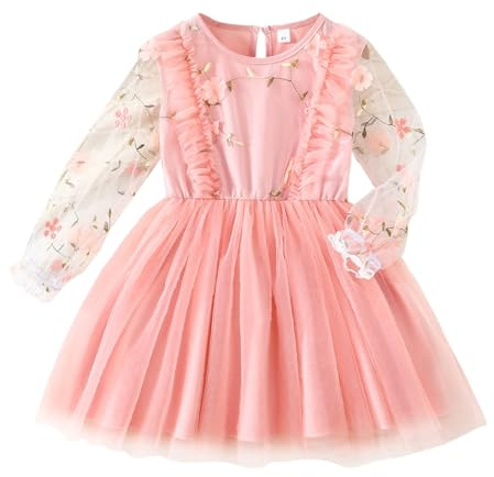 LUVCES Småbarn flicka tyllklänning volang ärmar blommönster avslappnad sommar födelsedagsfest klänning för flickor 2-6 år, B: Långa ärmar med rosa blommor, 5-6 År