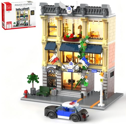 MORKBRIXX Police Station Building Set with Lights, Modular City Model Kit | City Police Station Building Block for Adults, 1445 PCS Police Station Large Construction Set, Modular Buildings Collection