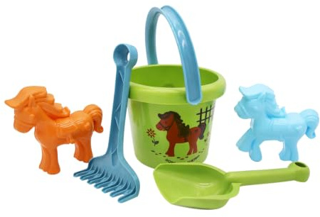 GOWI 467-01010 Sand Set Ponny – 5-delat sandleksaksset för barn från 1 år – hink, spade, kratta och hästsandformar – strand- och sandlåda leksak