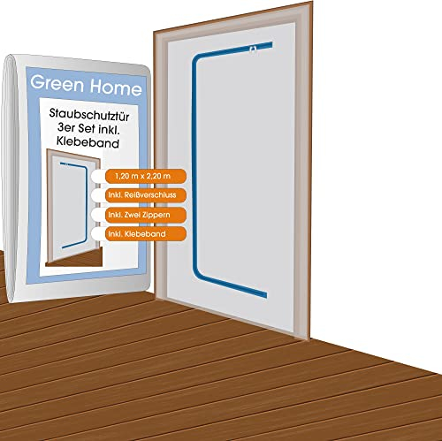 Green Home - Porte anti-poussière avec fermeture éclair et ruban adhésif double face - 1,10 x 2,20 m, blanc (ensemble de trois - set)